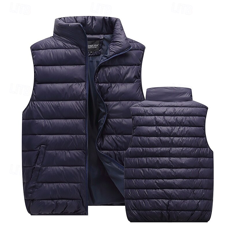 Men's Puffer Vest Vest Gilet Vacation Daily Date Fashion Casual Fall & Winter Pocket Polyester Warm Comfortable Solid Color Zipper Stand Collar Regular Fit Black Red Orange Dark Blue Vest