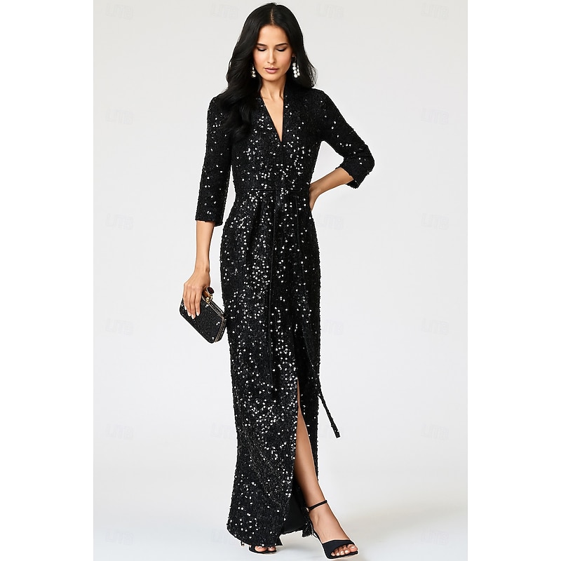 Black Tie Sequined Sheath / Column Evening Gown Elegant Dress Formal Wedding Floor Length 3/4 Length Sleeve V Neck with Glitter Strappy 2025