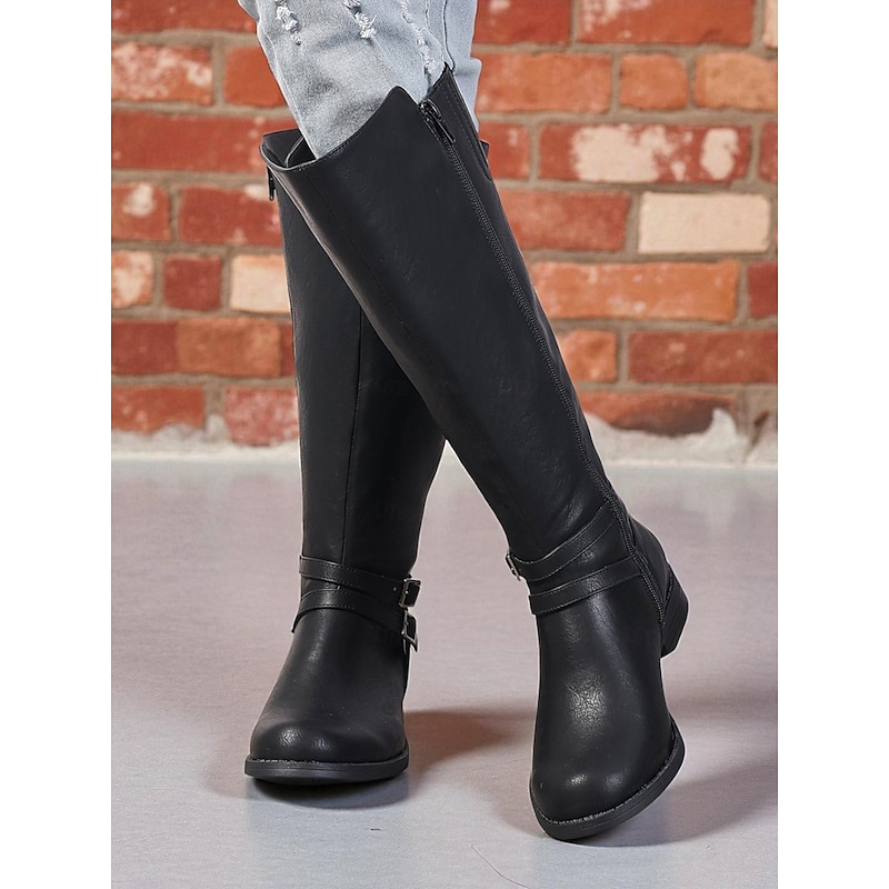Women's Black Extra Wide Calf Knee High Boots with Side Zipper and Buckle – Casual Classic Riding Boots for Work, Travel and Outdoor Outfits3
