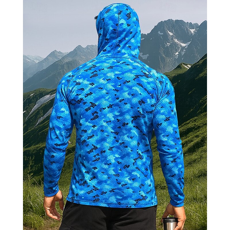 Men's Hiking Shirt Fishing Shirt UV Protection Shirt Long Sleeve Hooded Top Outdoor UV Sun Protection Breathable Polyester Camouflage Blue Fishing Traveling Running2