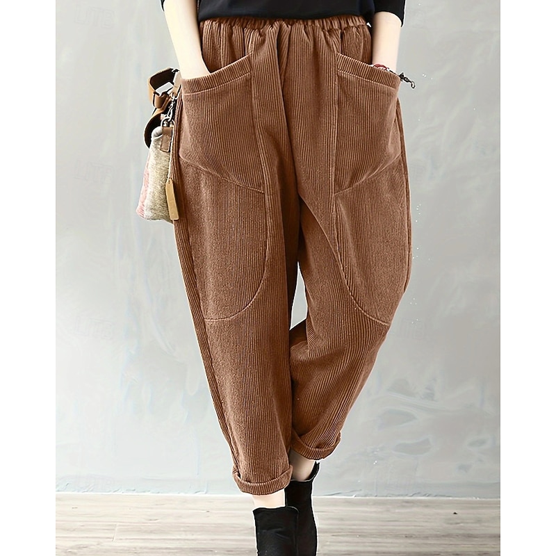 Women's Corduroy Pants Slacks Straight Streetwear Casual Full Length Natural Plain Pocket Elastic Waist Comfy Street Holiday Weekend claret Dark Brown Black Yellow Fall Regular Fit