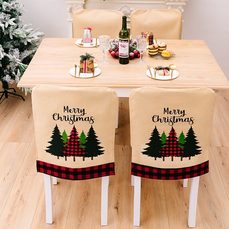 2Pcs Christmas Chair Covers, Red and Black Plaid Printed Chair Slipcovers with Merry Christmas and Christmas Tree Design, Holiday Dining Room Decor3