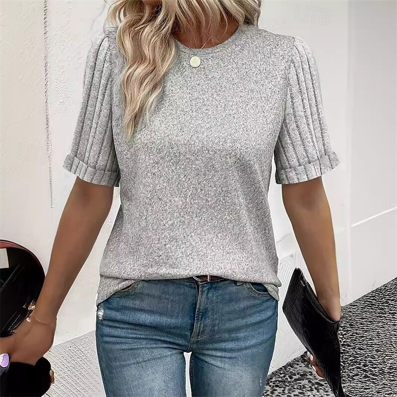 Women's Texture Blouse T Shirt Tee Top Plain Fashion Modern Short Sleeve Crew Neck Regular Tops Daily Going out Gray Summer3