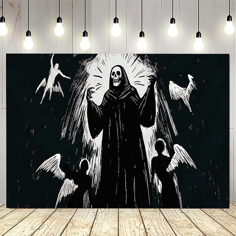 Halloween Backdrop Grim Reaper Tapestry, Gothic Death Angel Wall Hanging, Spooky Black and White Skeleton Backdrop for Haunted House, Horror Party Decoration, Creepy Wall Art for 2025 Halloween Bedroom Living Room