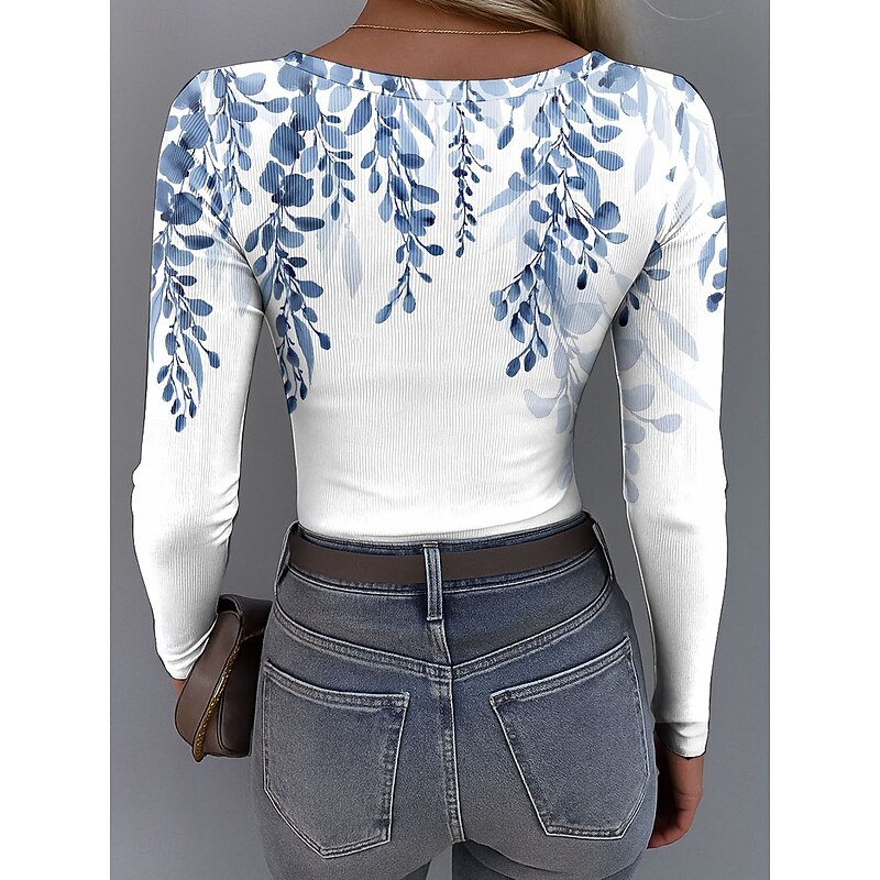 Women's T Shirt Ribbed Graphic Square Neck Long Sleeve Casual Tunic Floral Plants Vintage Stylish Regular Tops Daily Print Blue Purple Green Khaki Spring Fall2