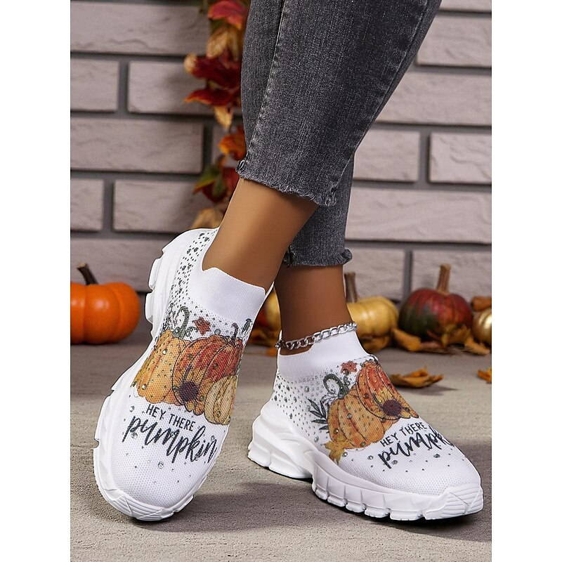 Women's Flyknit Slip-On Sneakers with Sunflower Pumpkin Envelope Print – Comfortable Fall Casual Shoes for Halloween, Thanksgiving & Harvest Festival2