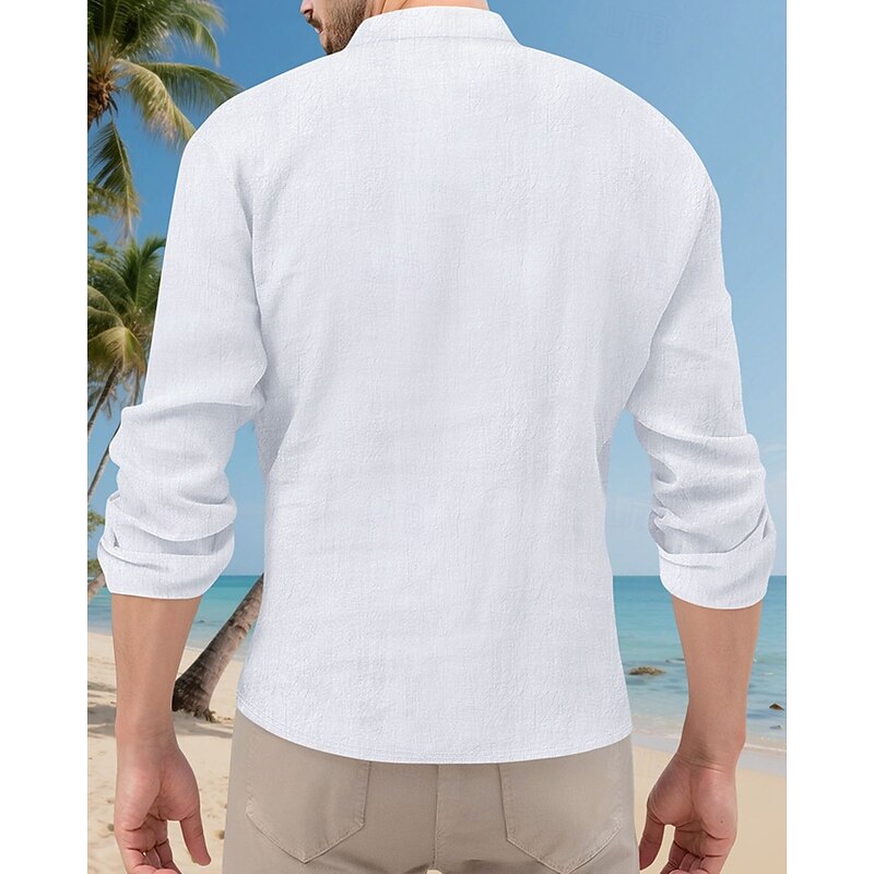 Men's Shirt Popover Shirt Summer Shirt Casual Shirt Beach Shirt Black White Yellow Navy Blue Sky Blue Long Sleeve Plain Band Collar Vacation Hawaiian Front Pocket Clothing Apparel Linen Fashion4