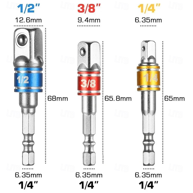 3Pcs Impact Driver Socket Extension Adapter Extended Converter Power Drill Hex To High Speed Nut Male Square Wrench 1/4 3/8 1/22
