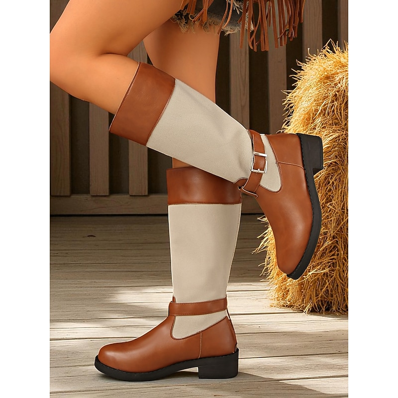 Women's Brown Faux Leather Riding Boots with Buckle and Canvas – Casual Two Tone Knee High Boots for Work, Travel and Outdoor Wear