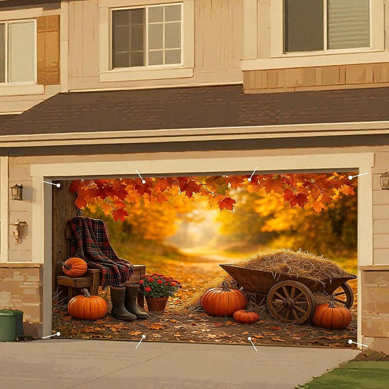 Halloween Garage Door Cover Large Hanging Backdrop Pumpkin Farm Rustic Cottagecore Dark Punk Gothic Style Party Outdoor Shooting Backgrounds Yard Haunted House Home Decor4