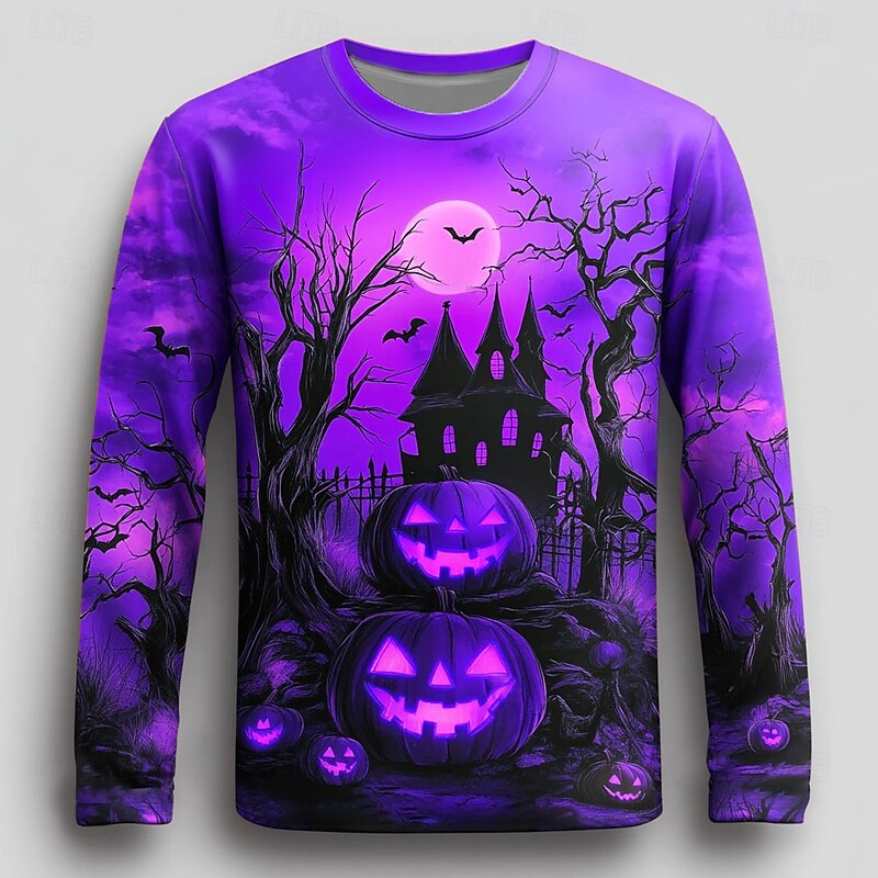 Halloween Men's Pumpkin T Shirt Long Sleeve T shirt 3D Print Crew Neck Shirt Fashion Exaggerated Street Casual Daily Blue Purple Orange Summer Spring Fall Clothing Apparel S M L XL XXL XXXL3