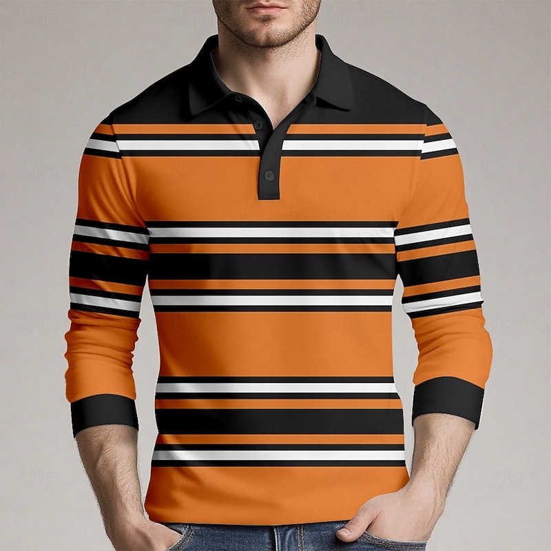 Men's Horizontal Stripes Rugby Polo Long Sleeve Polo Shirts Collared Shirts Sportswear Casual School Outdoor Athleisure 3D Print Spring Fall Winter Orange - Main Image