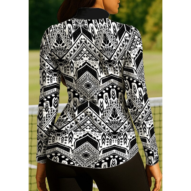 Women's Geometric Reactive Print Boho Tops Golf Polo Shirt Tennis Shirt Long Sleeve Print Quarter Zip Pullover UV Protection Elastic Breathable Tennis Golf Pickleball Zip Collar Shirt Polo Black White2