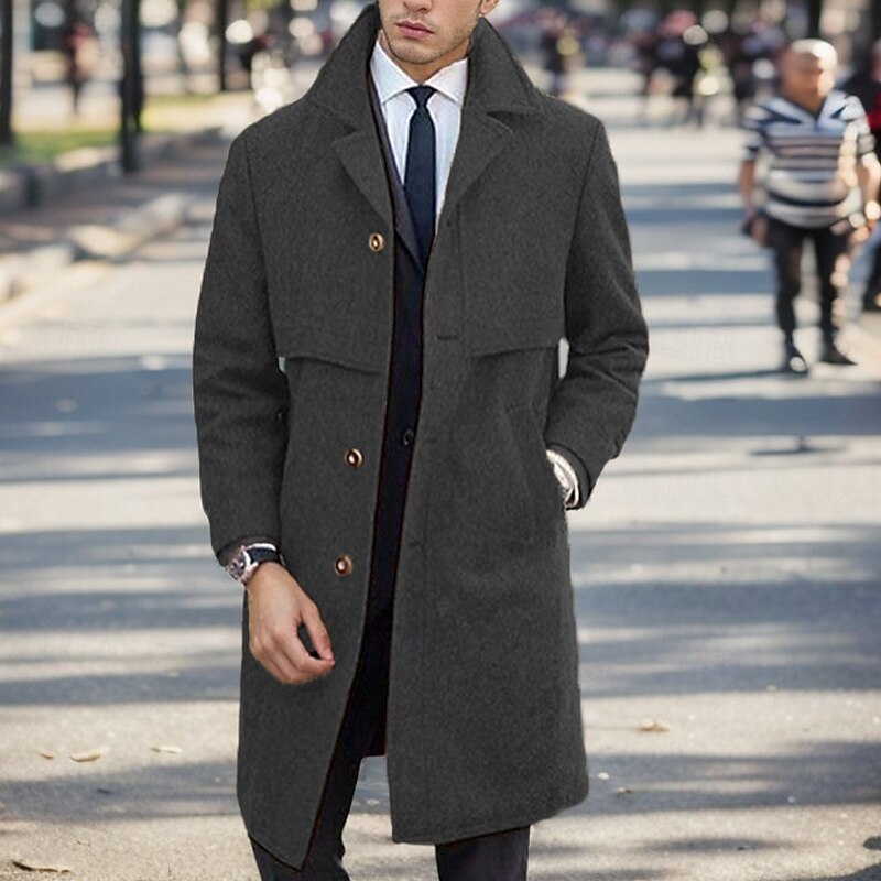 Men's Overcoat Trench Coat Long Trench Coat Vacation Daily Fall Winter Polyester Windproof Warm Outerwear Clothing Apparel Fashion Classic Plain Pocket Lapel Single Breasted
