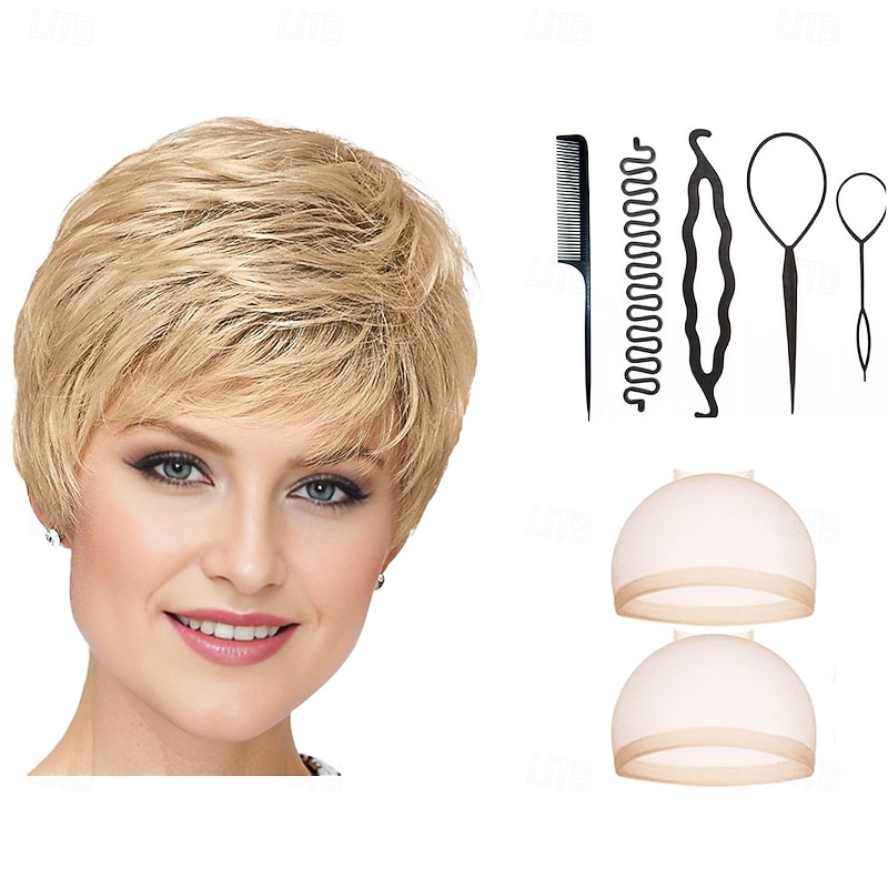 Short Ultra-Chic Pixie Wig with Neat Straight Layers / Multi-tonal Shades of Blonde Silver Brown and Red With 2PCS HD Wig Cap and Hairdressing Tool Set