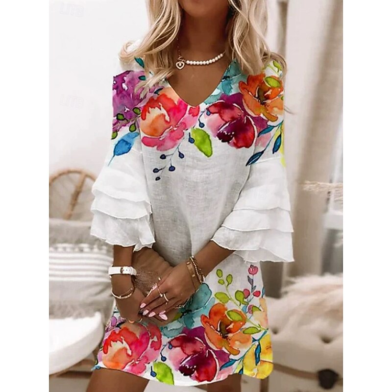 Women's Mini Dress Sundress Shift Dress A Line Dress Vacation Casual Boho Party Regular Fit Ombre Floral Graphic 3/4 Length Sleeve V Neck White Spring Fall