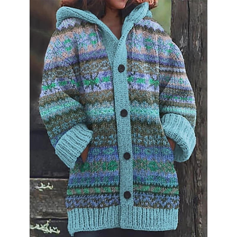 Women's Cardigan Vacation Vintage Geometric Color Block Ribbed Hooded Knitted Print Front Pocket Long Sleeve Regular Tops Knit Outdoor Daily Holiday Yellow Pink Fall Winter3