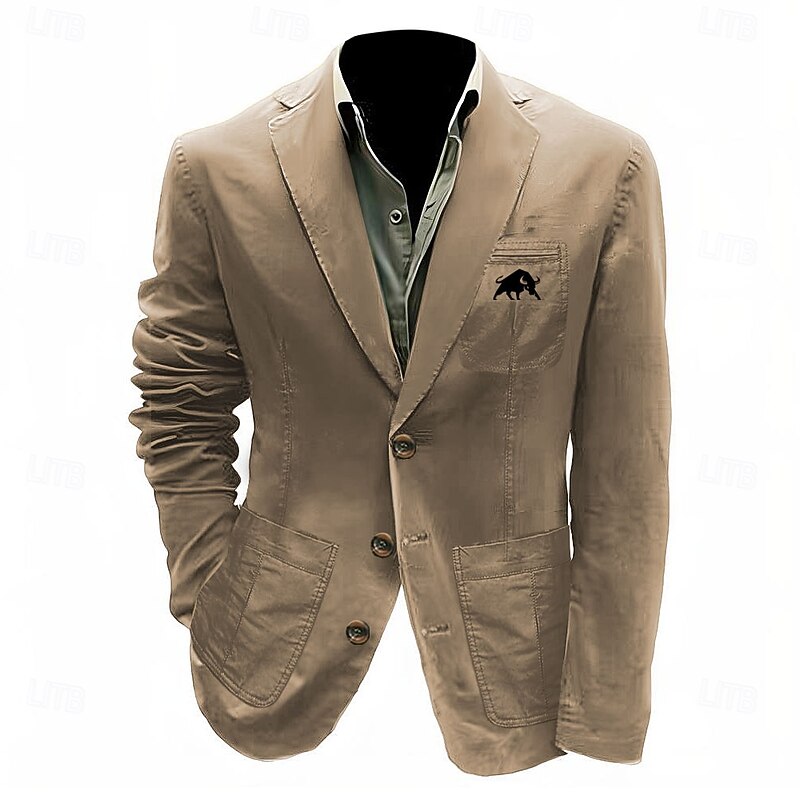 Men's Print Bull Blazer Cotton Suit Jacket Suits Coat Casual Outdoor Dailywear Multiple Pockets Three Button Stripe Lined Suit Jacket Fall Winter Notch lapel collar Long Sleeve Black khaki Army Green