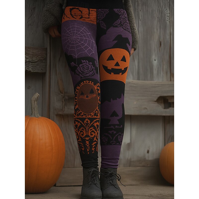 Women's Leggings Vacation Vintage Fashion Full Length High WaistPantsHalloween Graphic Halloween Monster Printing Soft Breathable High Elasticity Outdoor Vacation Street Violet Dark Gray Orange