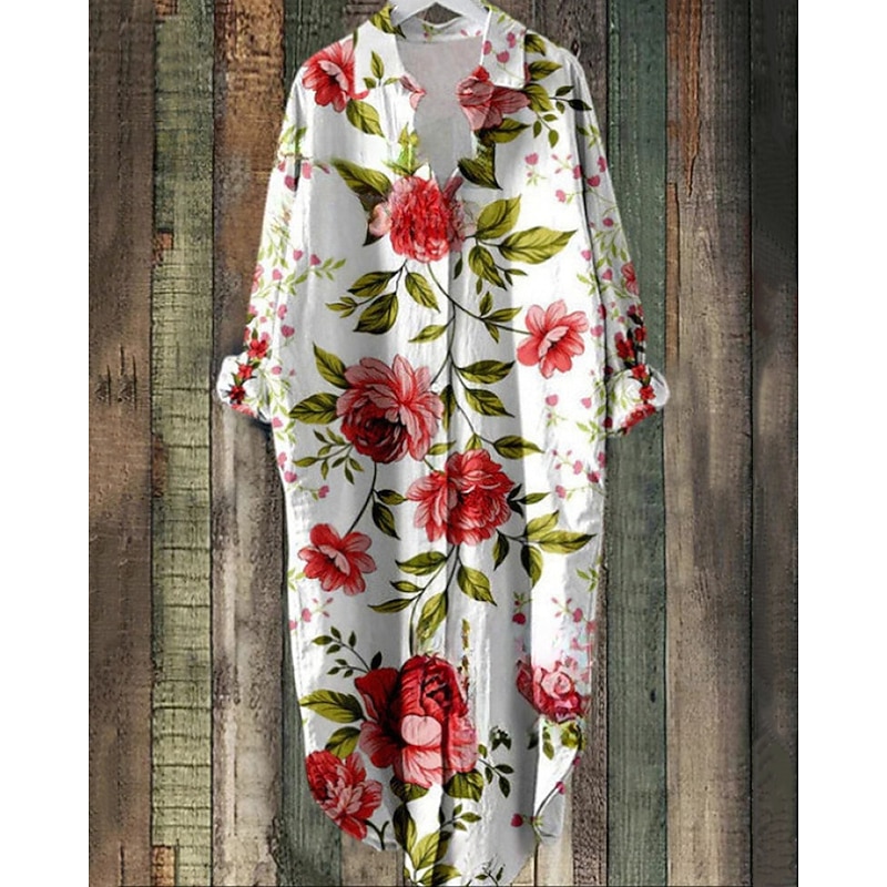 Women's Midi Dress Shirt Dress Casual Dress Fashion Modern Daily Beach Weekend Regular Fit Flower Long Sleeve Shirt Collar White Pink Red Blue Spring Fall2