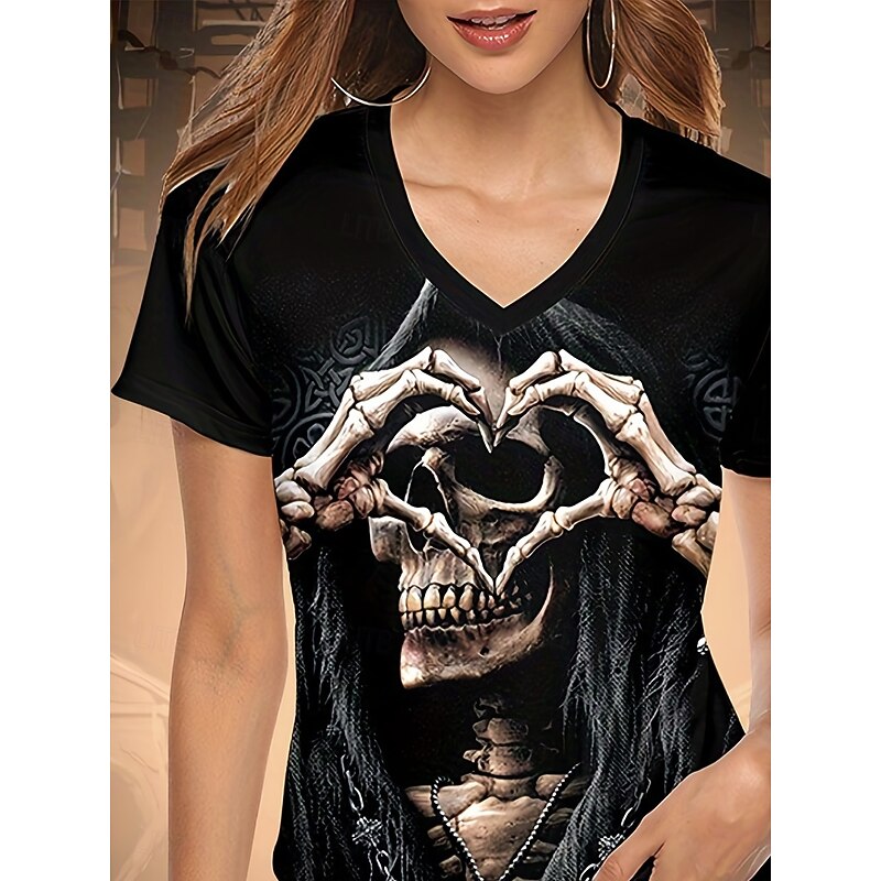Halloween Women's T Shirt Skulls Graphic Witch Vintage Stylish Classic Short Sleeve V Neck Regular Tops Daily Print Black Summer Fall Winter3