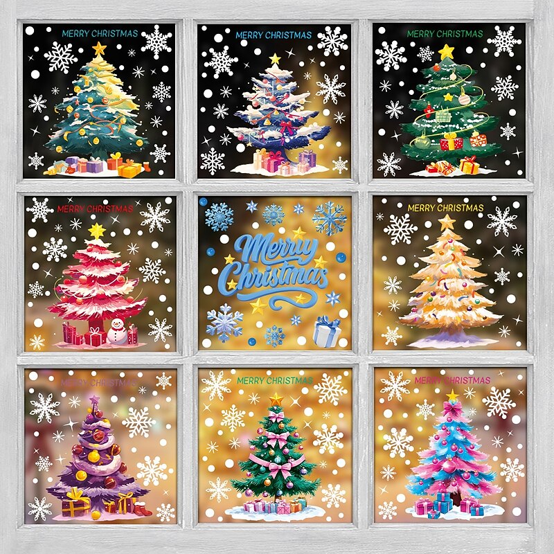 9 Sheets Christmas Window Cling Wall Sticker Decals Decorations, Christmas Trees, Snowmen & Snowflakes, Static Cling, Storefront & Home Glass Decor