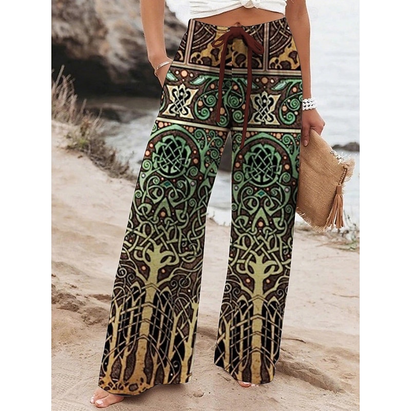 Women's Wide Leg Pants Trousers Vintage Ethnic Style Long High Waist Graphic Prints Elastic Waist Printing High Cut Breathability Soft Micro-elastic Vacation Street Daily Wear Red Blue Purple Green