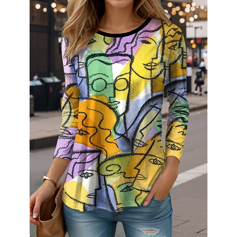 Women's T Shirt Graphic Abstract Vintage Stylish Casual Long Sleeve Crew Neck Regular Tops Daily Print Yellow Red Purple Green Spring Fall