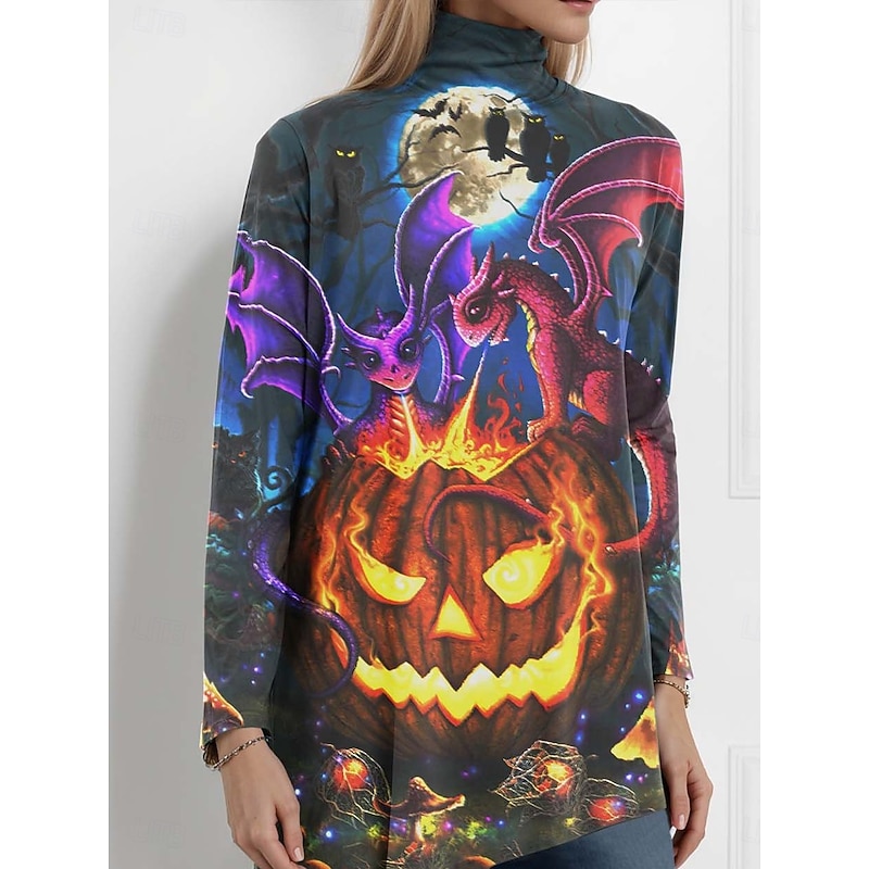 Halloween Sarah Richter by Women's Blouse Graphic  Abstract Vintage Stylish Casual Long Sleeve Turtleneck High Neck Regular Tops Party Evening Wear Daily Going out Black Spring Fall2