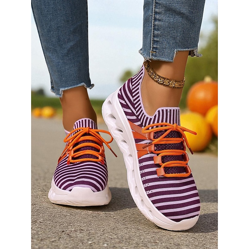 Women's Purple Striped Lace-Up Sneakers – Comfortable Flyknit Running Shoes with Cushion Sole for Gym, Jogging, Halloween and Outdoor Sports