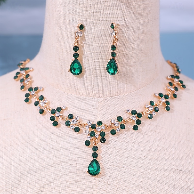 Jewelry Set Two-piece Suit Green Rhinestone Alloy 1 Necklace Earrings Women's Elegant Vintage Fashion Vintage Style Classic Jewelry Set For Wedding Party Valentine's Day