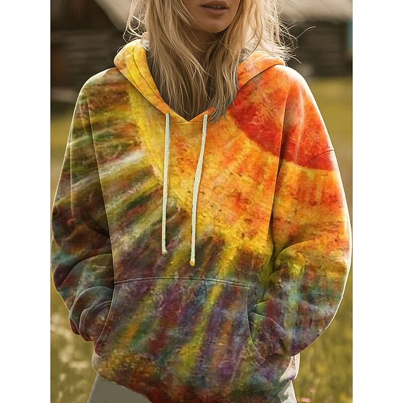 Women's Pullover Hoodie Sweatshirt Graphic Rainbow Casual Boho Long Sleeve Hooded Regular Tops Street Dailywear Print Front Pocket Red Blue Purple Orange Spring Fall Winter3