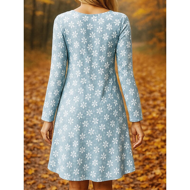 Women's Mini Dress Crew Neck Long Sleeve Casual Dress T Shirt Dress Tee Dress A Line Dress Casual Regular Fit Floral Graphic Blue Purple Green Khaki Fall Winter2