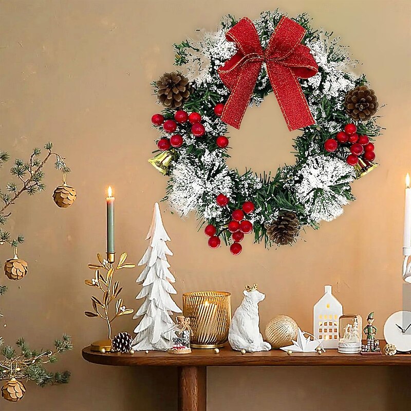 20/30/40cm Christmas Wreath with Berries Red Handmade Imitation Bow Red Fruit Wreath Winter Holiday Xmas Garland Decoration Perfect for Indoor Outdoor Window Home Porch Front Door Decor4