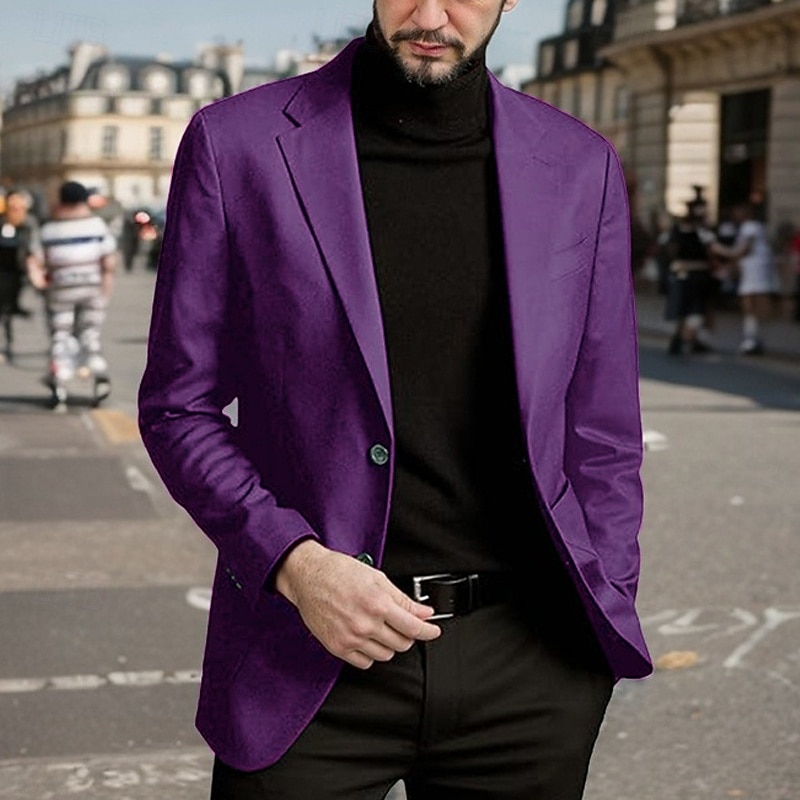 Men's Blazer Business Cocktail Party Wedding Party Fashion Casual Spring Fall Polyester Plain Pocket Buttons Comfortable Single Breasted Blazer Black Red Blue Purple