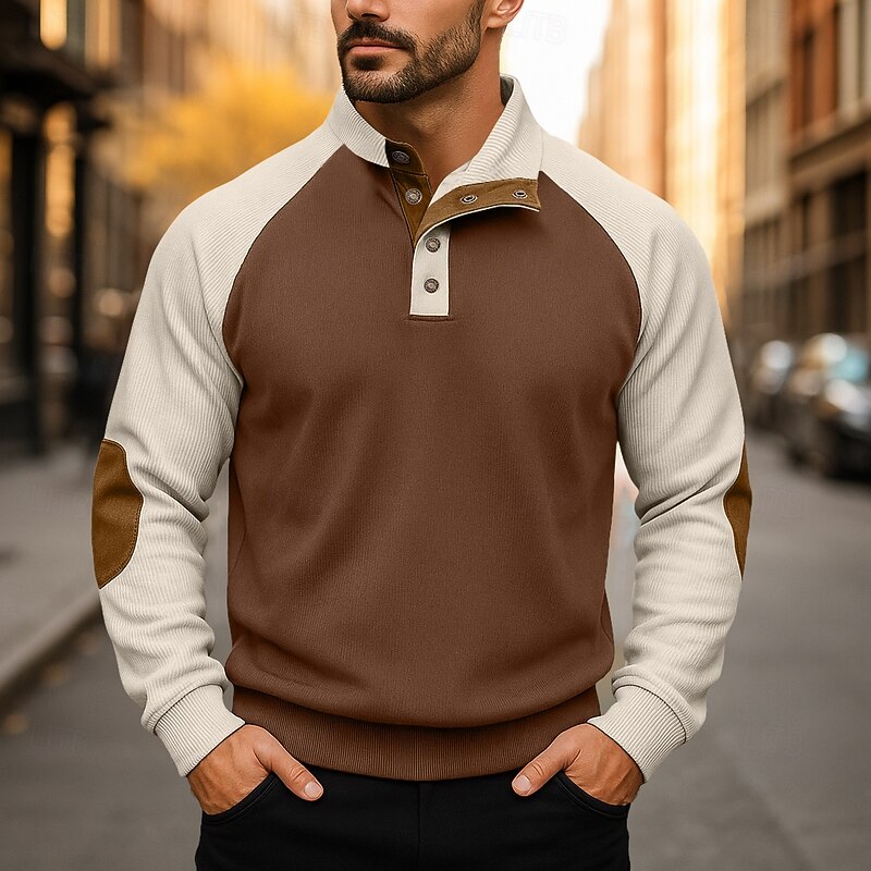 Men's Sweatshirt Corduroy Pullover Hoodie Sweatshirt Pullover Button Up Hoodie Apricot Black Navy Blue Standing Collar Plain Patchwork Color Block Sports & Outdoor Casual Daily Streetwear Cool