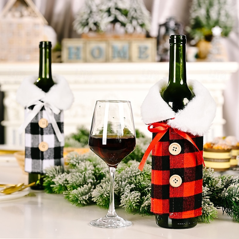 2Pcs Christmas Bottle Covers Plaid Wine , Red and Black Checkered Collar Style Wine Bottle Sleeves, Holiday Bottle Decoration3