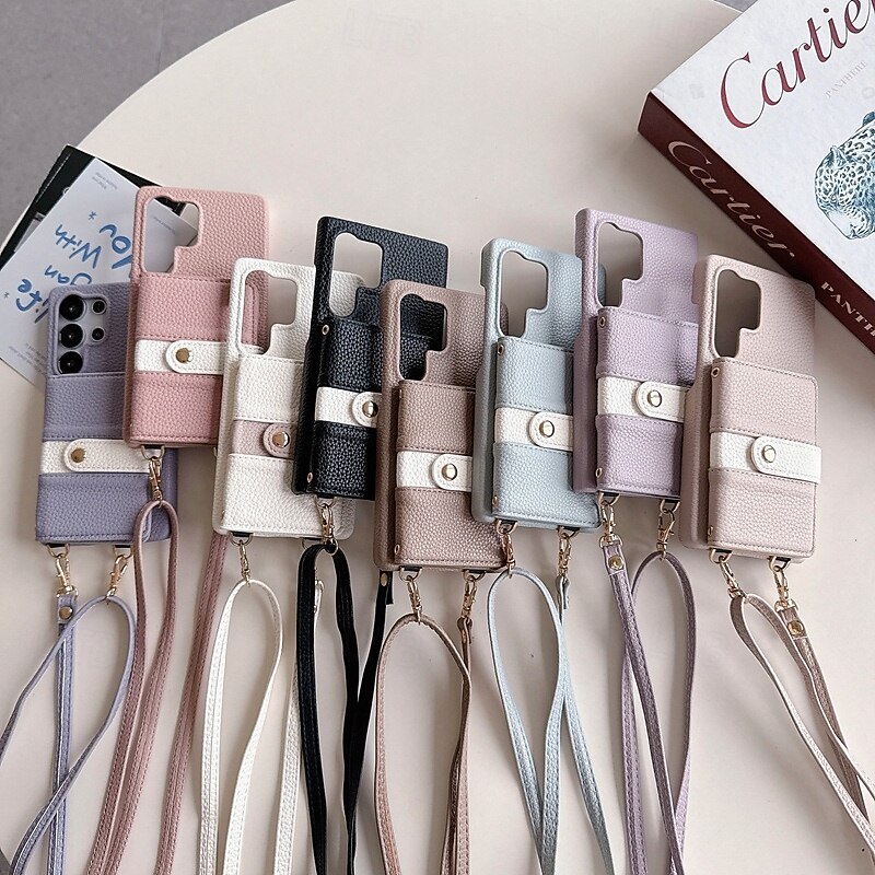 Phone Case For Samsung Galaxy S25 S25 Edge S24 S24 FE S23 Ultra Plus S22 Plus  Ultra A16 A55 5G A35 5G A15 Back Cover with Lanyard Card Slot Shockproof Retro TPU PU Leather