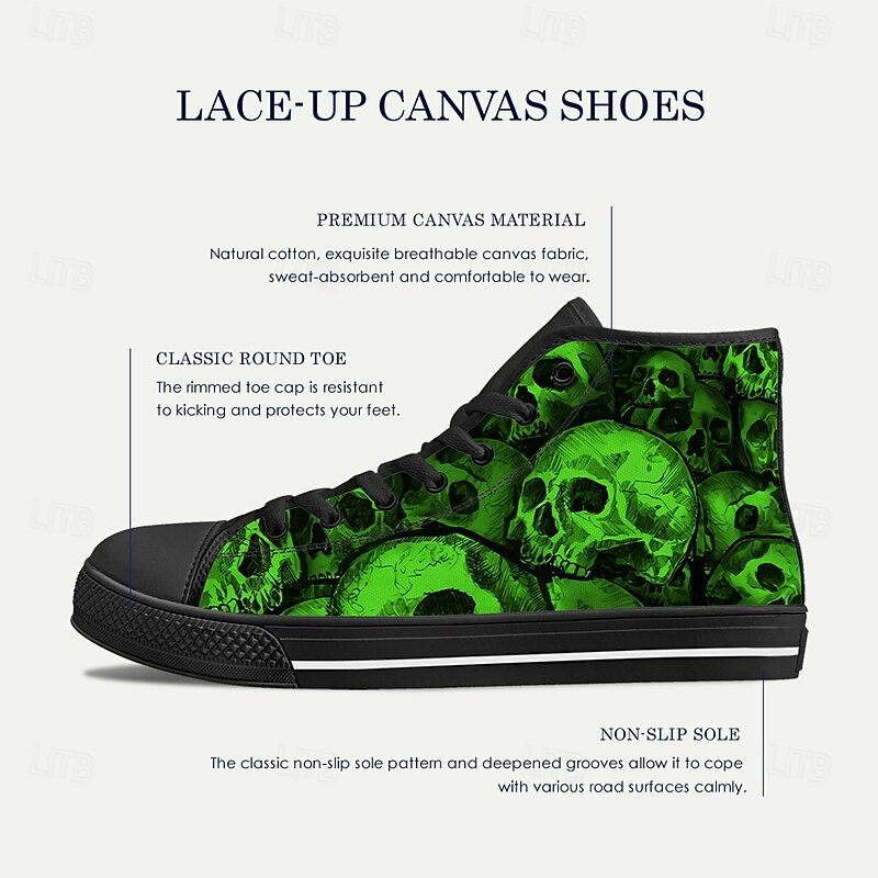 Men's Green Skull Print High Top Sneakers – Gothic Punk Style Canvas Shoes for Halloween Party, Clubbing and Daily Streetwear4