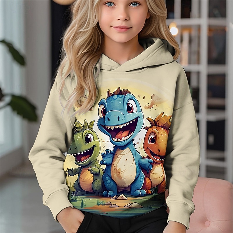 Girls' 3D Cartoon Dinosaur Hoodie Long Sleeve Spring Fall Fashion Streetwear Kids 4-12 Years Hooded Outdoor Casual Daily Regular Fit