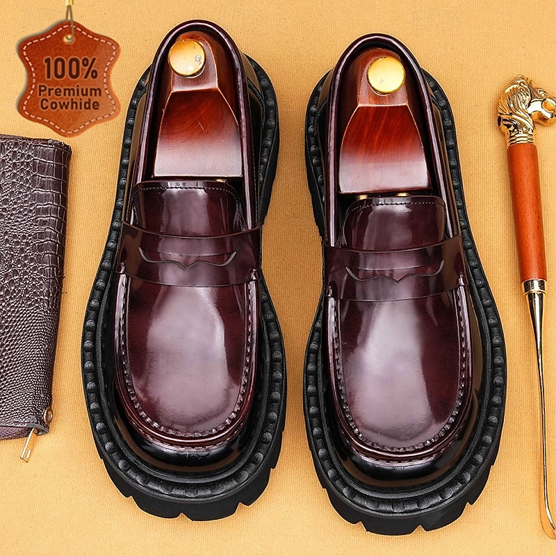 Men's Genuine Leather Penny Loafers Vintage Brown Slip-On Business Casual Shoes for Daily Wear and Evening Parties