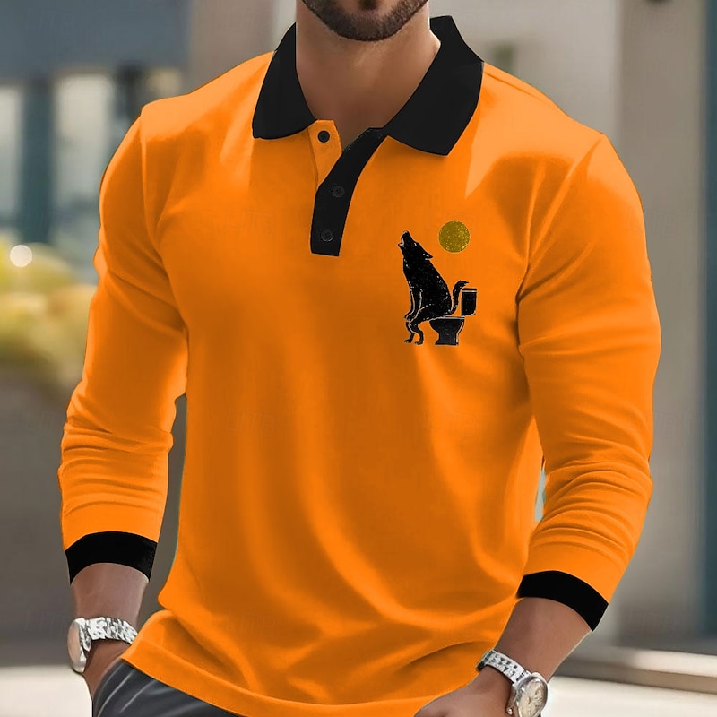 Halloween Men's Animal Wolf Polo Long Sleeve Polo Shirts Lapel Casual Street Athleisure Daily Wear Festival Wear 3D Print Buttons Spring Fall Winter Black Orange2