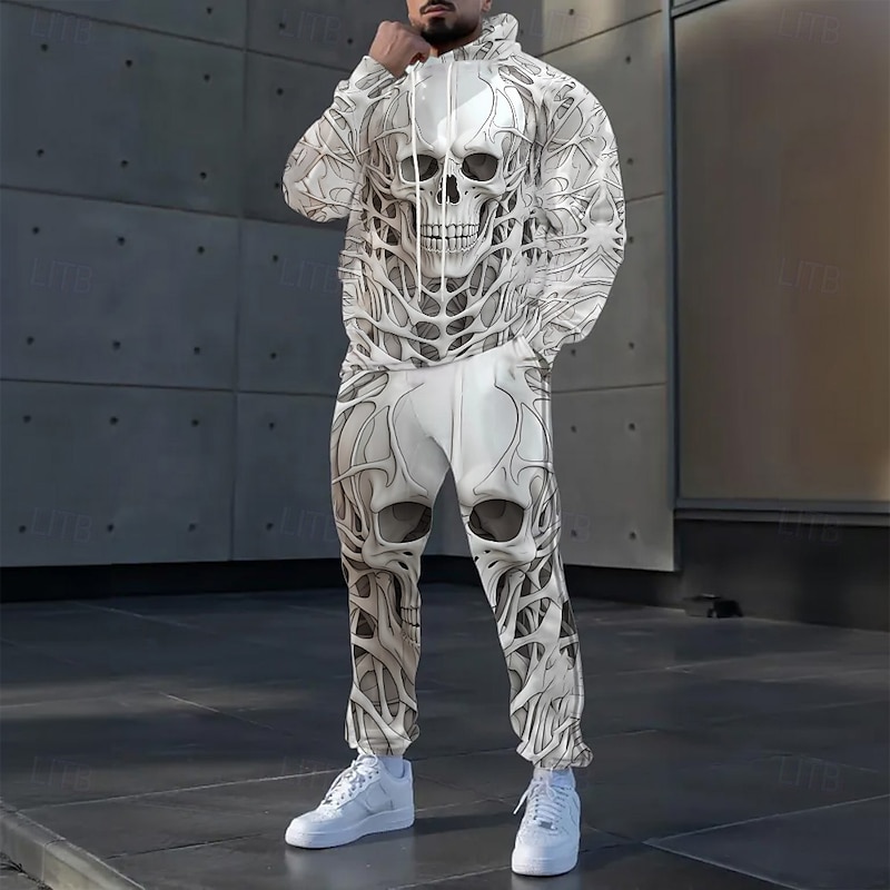 Halloween Men's Skulls 2pcs 3D Sweatshirt Sets Tracksuit Hoodie Sweatshirt Long Sleeve Long pants Hooded Casual Daily Modern Urban Athleisure Streetwear 3D Print Spring Fall Winter White Dark Gray