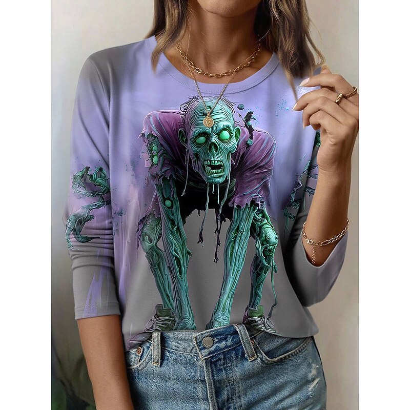 Halloween Women's T Shirt Skulls Graphic Vintage Fashion Stylish Long Sleeve Crew Neck Regular Tops Daily Weekend Print Yellow Blue Purple Green Summer Spring Fall4
