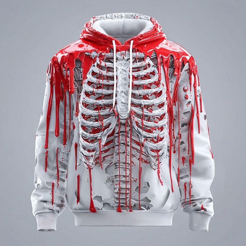 Halloween Men's 3D Skeleton Hoodie Sweatshirt Punk Exaggerated Crew Neck Club Streetwear Lake blue Red Drawstring Fall Winter Designer