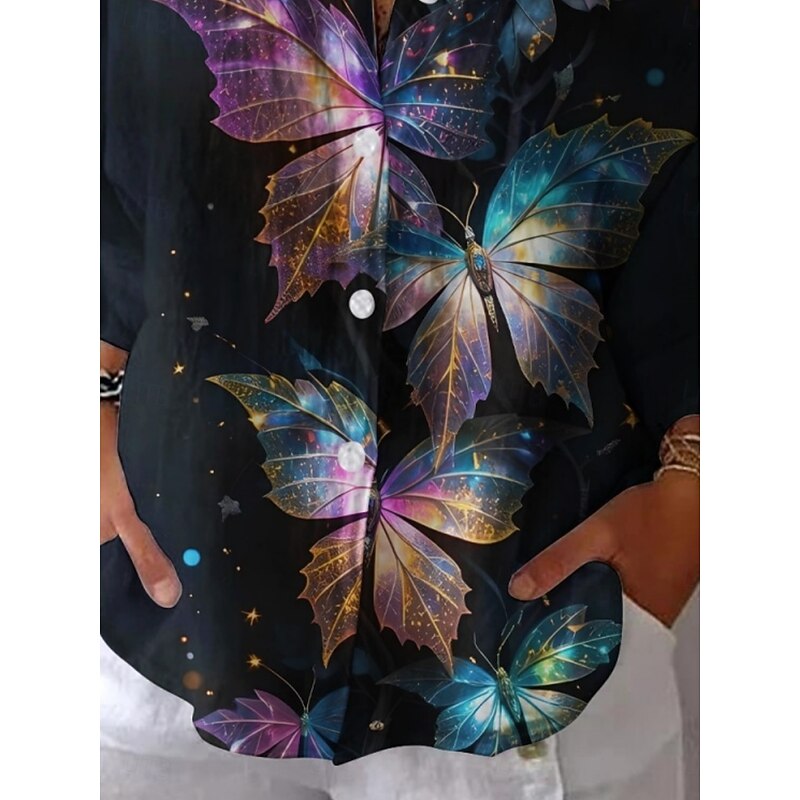 Women's Shirt Butterfly Daily Casual Long Sleeve Shirt Collar Regular Tops Daily Holiday Buttons Print Navy Blue Summer Spring Fall3