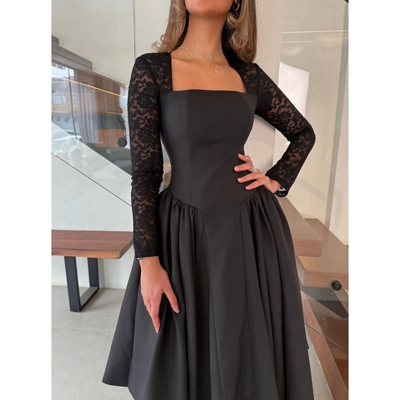 Black A-Line Cocktail Dresses Stretch Crepe Long Sleeve Formal Dress  Elegant Dress Wedding Tea Length Midi Length Square Neck Stretch Lace with Ruched Pocket 2025