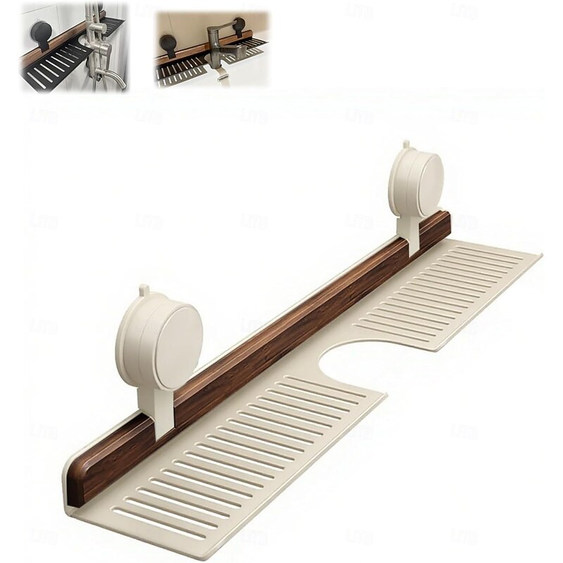 Walnut Suction Cup Bathroom Shelf Wall Mounted Sink Shelf Over Faucet Removable No-Drill Wood Faucet Storage Rack for Toiletries, Bottles and Small Accessories3