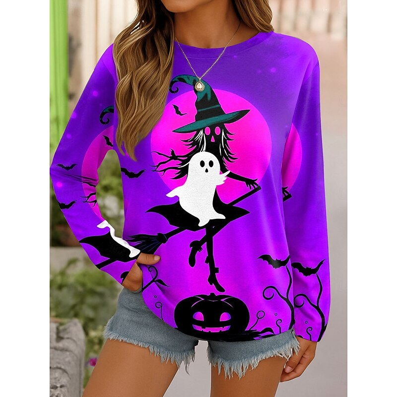 Halloween Women's T shirt Witch Graphic Pumpkin Vintage Fashion Stylish Long Sleeve Crew Neck Round Neck Regular Tops Weekend Print Purple Orange Green Gray Spring Fall2