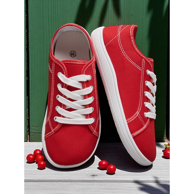Women's Red Wide Fit Canvas Lace-Up Sneakers – Lightweight Casual Walking Shoes, Breathable Streetwear & Travel Footwear